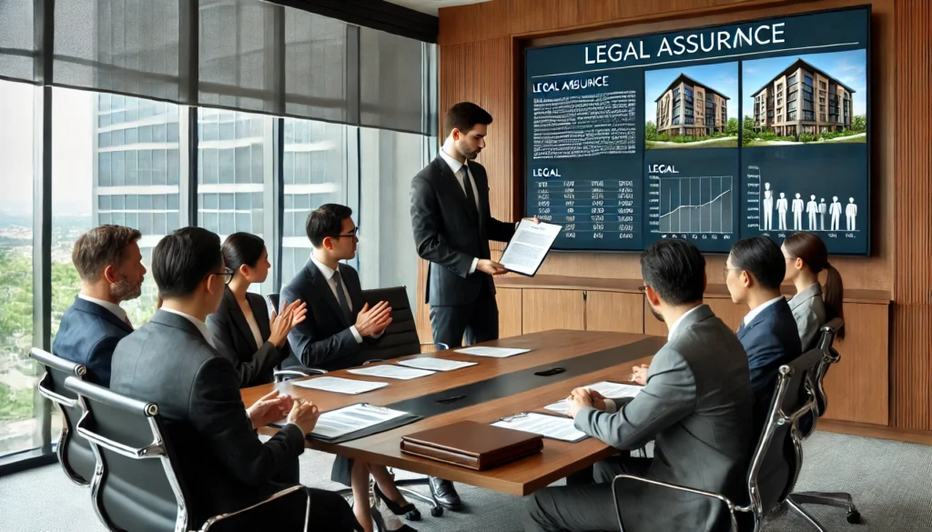 DALL·E 2024 07 25 20.12.38 A professional real estate agent providing legal assurance to a group of well dressed professional prospects during the presentation of a large comple